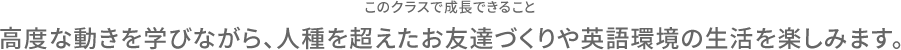 このクラスで成長できること 高度な動きを学びながら、人種を超えたお友達づくりや英語環境の生活を楽しみます。