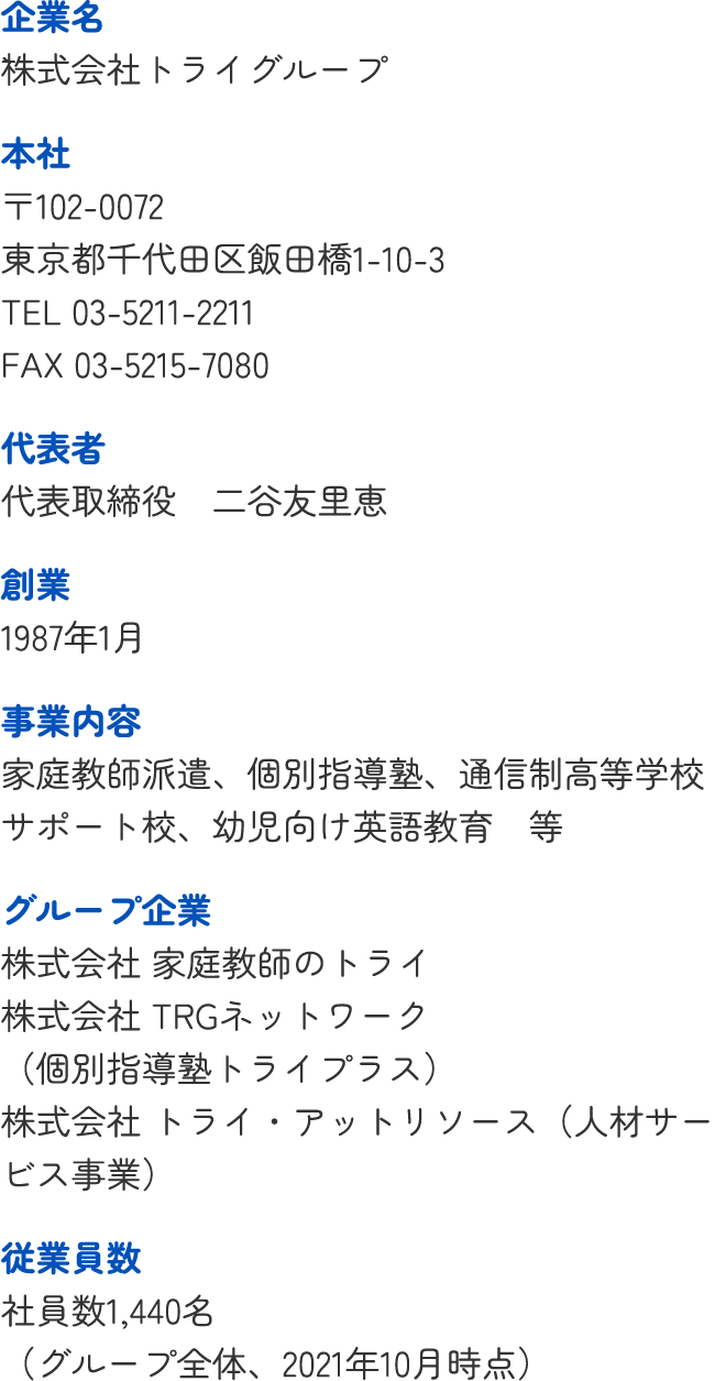 企業名 株式会社トライグループ 本社 〒102-0072 東京都千代田区飯田橋1-10-3 TEL 03-5211-2211 FAX 03-5215-7080 代表者 代表取締役 二谷友里恵 創業 1987年1月 事業内容 家庭教師派遣、個別指導塾、通信制高等学校サポート校、幼児向け英語教育 等グループ企業 株式会社 家庭教師のトライ 株式会社 TRGネットワーク (個別指導塾トライプラス) 株式会社 トライ・アットリソース(人材サービス事業) 従業員数 社員数 1,440名(2021年10月現在)